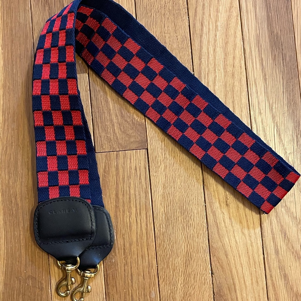 Clare V Checkered Navy & Red crossbody strap